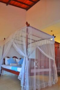 A bedroom with a wooden canopy bed featuring white netting, blue pillows, and a tiled floor under a red ceiling.